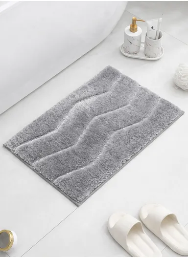 60x40cm Soft Plush Bathroom Mat, Wave Pattern &amp; Anti-Slip Base - Grey