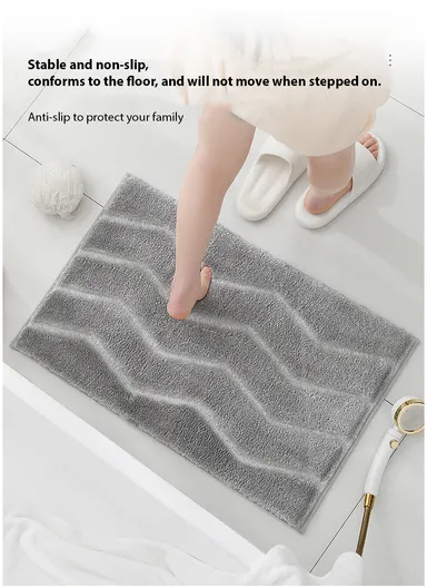 60x40cm Soft Plush Bathroom Mat, Wave Pattern &amp; Anti-Slip Base - Grey