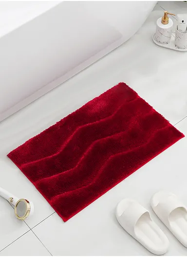 60x40cm Soft Plush Bathroom Mat, Wave Pattern &amp; Anti-Slip Base - Red