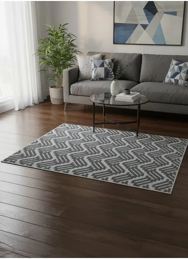 80x120cm Luxury Plush Carpet With Geometric Wave Pattern &amp; Anti-Slip Backing - Grey