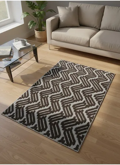 80x120cm Luxury Plush Carpet With Geometric Wave Pattern &amp; Anti-Slip Backing - Brown