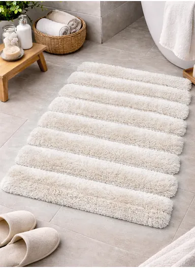 80×50 cm Bathroom Floor Mat, Soft Absorbent Rug with Non-Slip TPR Rubber Backing - Off White