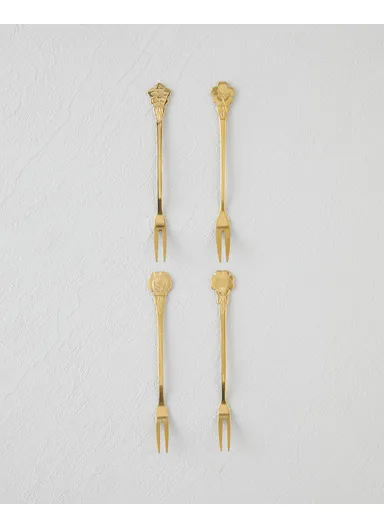 Flora Stainless Steel Cocktail Fork Set, 4 Pieces, Gold