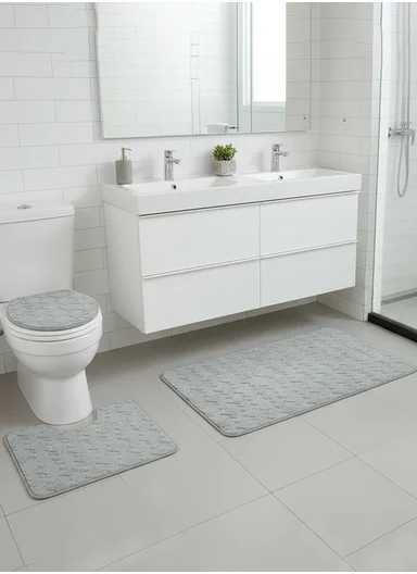 3-Pieces Embossed Geometric Wave Design Bathroom Mat Set – Grey