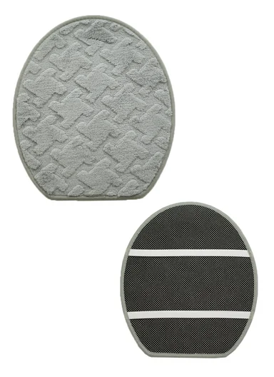 3-Pieces Embossed Geometric Wave Design Bathroom Mat Set – Grey