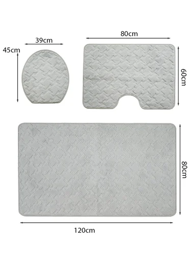 3-Pieces Embossed Geometric Wave Design Bathroom Mat Set – Grey