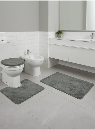 3-Pieces Embossed Diamonds Design Bathroom Mat Set – Dark Grey