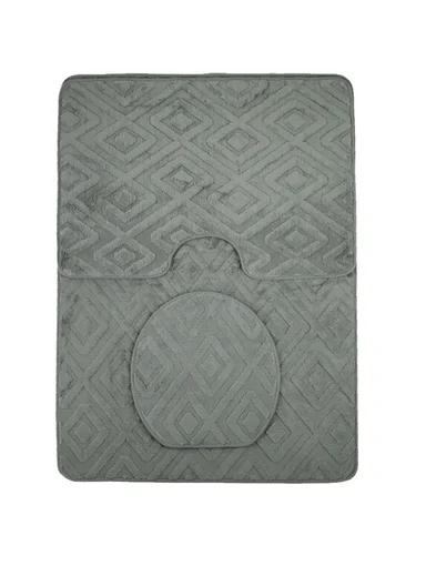 3-Pieces Embossed Diamonds Design Bathroom Mat Set – Dark Grey