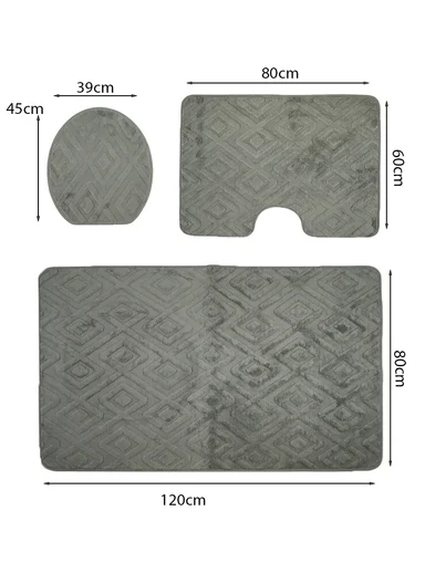 3-Pieces Embossed Diamonds Design Bathroom Mat Set – Dark Grey
