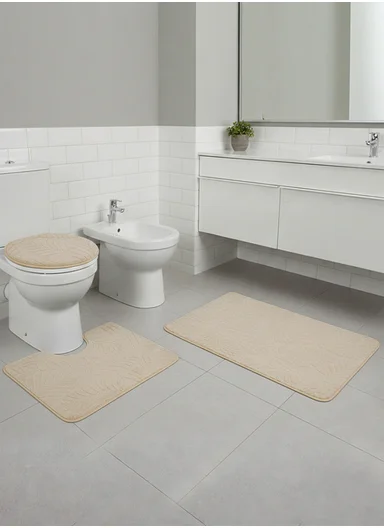 3-Pieces Embossed Leaf Design Bathroom Mat Set – Beige