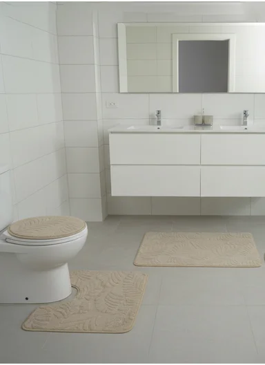 3-Pieces Embossed Leaf Design Bathroom Mat Set – Beige
