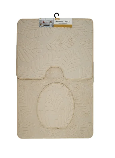3-Pieces Embossed Leaf Design Bathroom Mat Set – Beige