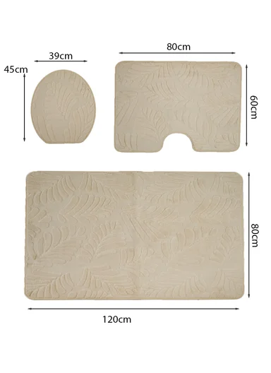 3-Pieces Embossed Leaf Design Bathroom Mat Set – Beige