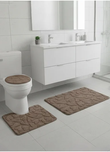 3-Pieces Embossed Hearts Design Bathroom Mat Set – Brown