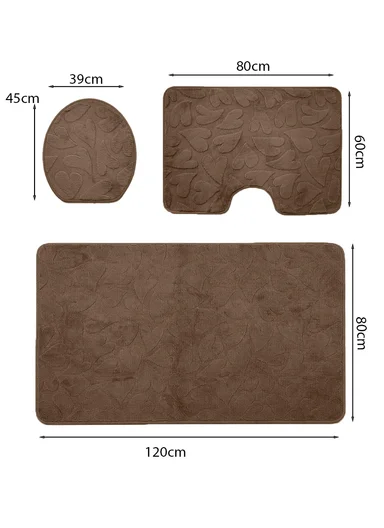 3-Pieces Embossed Hearts Design Bathroom Mat Set – Brown