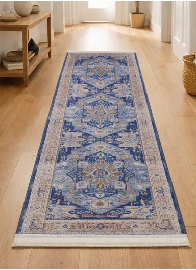 90x220cm Classic Medallion Carpet with Elegant Fringe Design