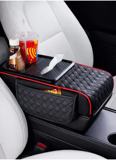 3-in-1 Nappa Leather Diamond Pattern Multifunctional Memory Foam Car Armrest Box Mat - Black &amp; Red