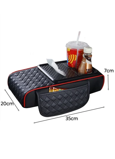 3-in-1 Nappa Leather Diamond Pattern Multifunctional Memory Foam Car Armrest Box Mat - Black &amp; Red