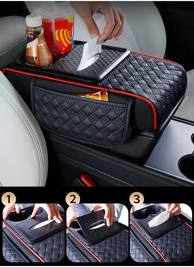 3-in-1 Nappa Leather Diamond Pattern Multifunctional Memory Foam Car Armrest Box Mat - Black &amp; Red
