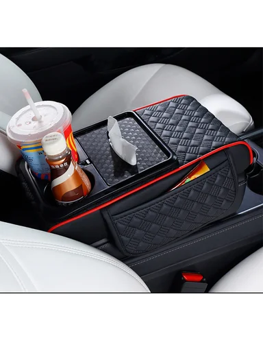 3-in-1 Nappa Leather Diamond Pattern Multifunctional Memory Foam Car Armrest Box Mat - Black &amp; Red