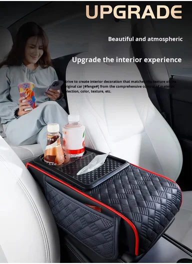 3-in-1 Nappa Leather Diamond Pattern Multifunctional Memory Foam Car Armrest Box Mat - Black &amp; Red