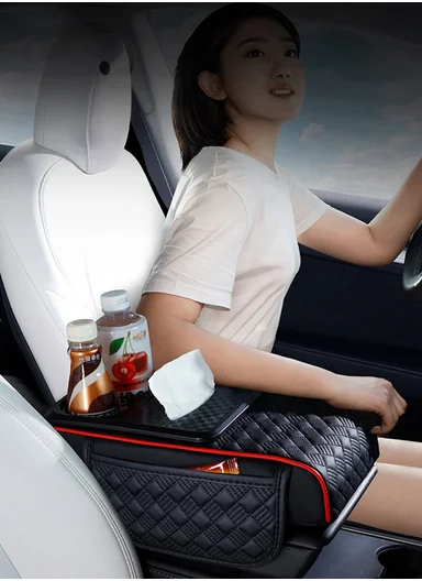 3-in-1 Nappa Leather Diamond Pattern Multifunctional Memory Foam Car Armrest Box Mat - Black &amp; Red