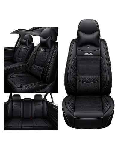 5-Seat Universal Luxury PU Leather &amp; Ice Silk Car Seat Cover Set with Lumbar Support + 2 Headrests - All Black