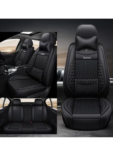 5-Seat Universal Luxury PU Leather &amp; Ice Silk Car Seat Cover Set with Lumbar Support + 2 Headrests - All Black