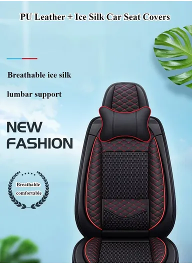 5-Seat Universal Luxury PU Leather &amp; Ice Silk Car Seat Cover Set with Lumbar Support + 2 Headrests - All Black