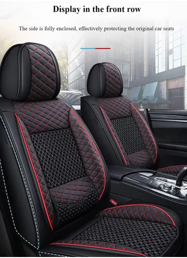 5-Seat Universal Luxury PU Leather &amp; Ice Silk Car Seat Cover Set with Lumbar Support + 2 Headrests - All Black