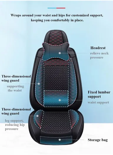 5-Seat Universal Luxury PU Leather &amp; Ice Silk Car Seat Cover Set with Lumbar Support + 2 Headrests - All Black