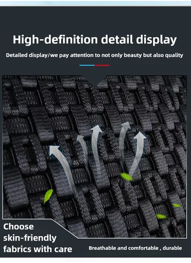 5-Seat Universal Luxury PU Leather &amp; Ice Silk Car Seat Cover Set with Lumbar Support + 2 Headrests - All Black