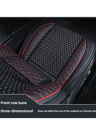 5-Seat Universal Luxury PU Leather &amp; Ice Silk Car Seat Cover Set with Lumbar Support + 2 Headrests - All Black