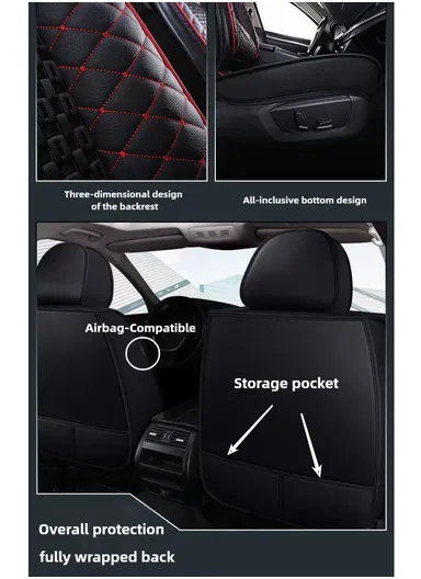 5-Seat Universal Luxury PU Leather &amp; Ice Silk Car Seat Cover Set with Lumbar Support + 2 Headrests - All Black