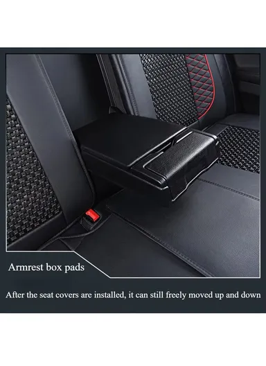 5-Seat Universal Luxury PU Leather &amp; Ice Silk Car Seat Cover Set with Lumbar Support + 2 Headrests - All Black