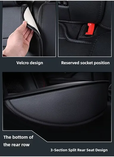 5-Seat Universal Luxury PU Leather &amp; Ice Silk Car Seat Cover Set with Lumbar Support + 2 Headrests - All Black