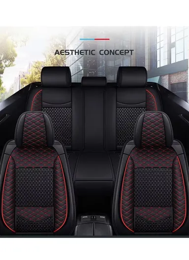 5-Seat Universal Luxury PU Leather &amp; Ice Silk Car Seat Cover Set with Lumbar Support + 2 Headrests - All Black