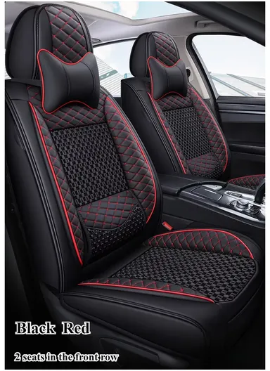 5-Seat Universal Luxury PU Leather &amp; Ice Silk Car Seat Cover Set with Lumbar Support + 2 Headrests - All Black
