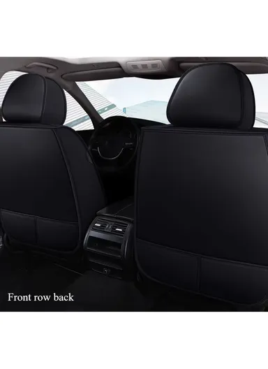 5-Seat Universal Luxury PU Leather &amp; Ice Silk Car Seat Cover Set with Lumbar Support + 2 Headrests - All Black