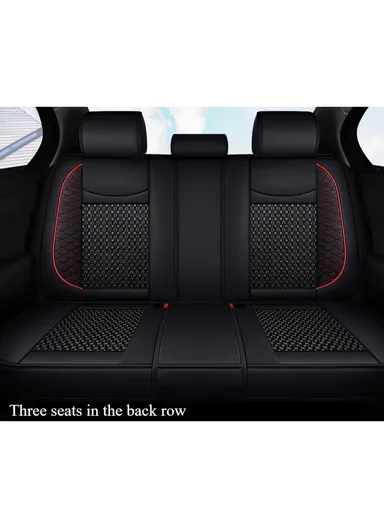 5-Seat Universal Luxury PU Leather &amp; Ice Silk Car Seat Cover Set with Lumbar Support + 2 Headrests - All Black