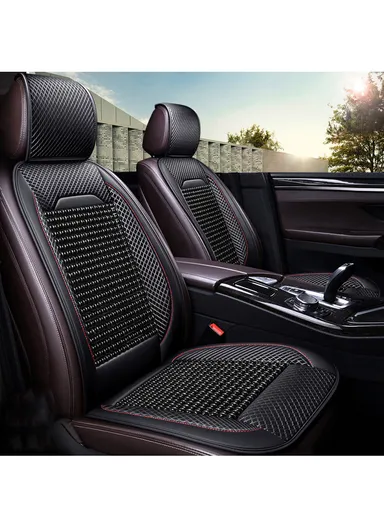 2Pcs Luxury Wood Bead &amp; PU Leather Double Seat Cushions, Breathable 5-Layer All-Season Automobile Front Seat Protectors - All Black