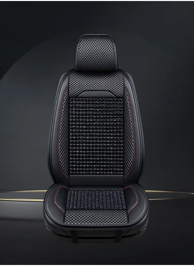 2Pcs Luxury Wood Bead &amp; PU Leather Double Seat Cushions, Breathable 5-Layer All-Season Automobile Front Seat Protectors - All Black