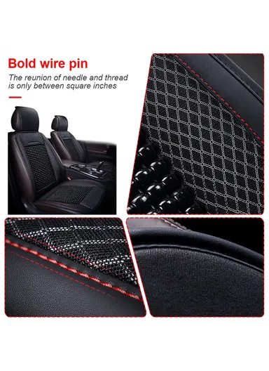 2Pcs Luxury Wood Bead &amp; PU Leather Double Seat Cushions, Breathable 5-Layer All-Season Automobile Front Seat Protectors - All Black