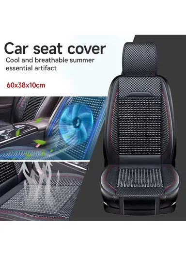 2Pcs Luxury Wood Bead &amp; PU Leather Double Seat Cushions, Breathable 5-Layer All-Season Automobile Front Seat Protectors - All Black