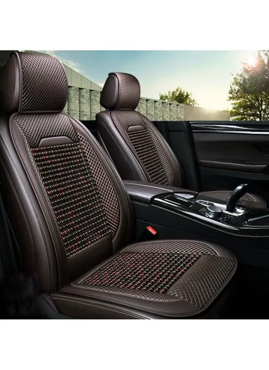 2Pcs Luxury Wood Bead &amp; PU Leather Double Seat Cushions, Breathable 5-Layer All-Season Automobile Front Seat Protectors - Dark Brown