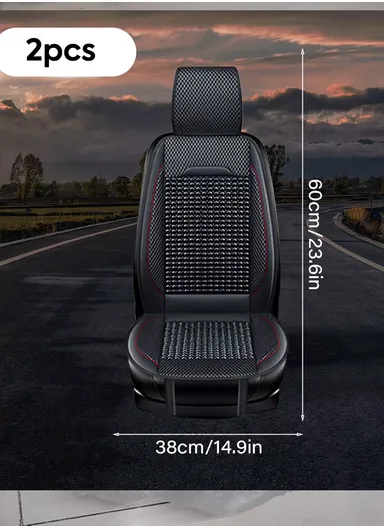 2Pcs Luxury Wood Bead &amp; PU Leather Double Seat Cushions, Breathable 5-Layer All-Season Automobile Front Seat Protectors - Dark Brown