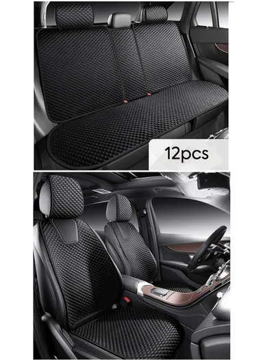 12Pcs Full Car Seat Covers Set, Soft Breathable Front &amp; Back Cushions with Pebble Design &amp; Non-Slip Silicone Backing QJT-005 - Black