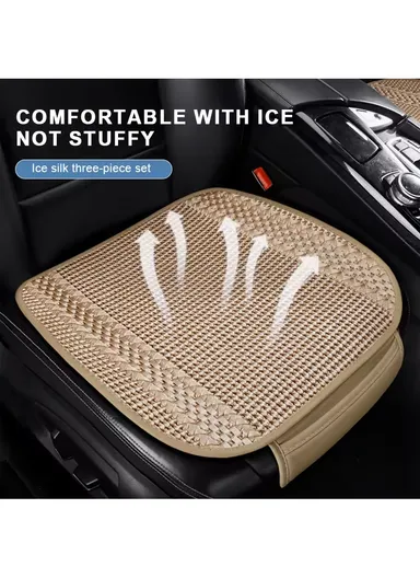 3Pcs Car Seat Cushions, Comfy Ice Silk Fabric 1 Long Rear Seat Mat &amp; 2 Square Front Seat Cushions - Black