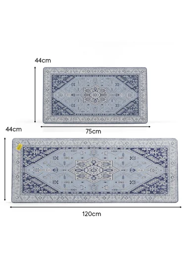 2 Pieces Traditional Medallion Design Anti-Slip Kitchen Mat Set - Off White &amp; Blue
