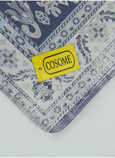 2 Pieces Traditional Medallion Design Anti-Slip Kitchen Mat Set - Off White &amp; Blue